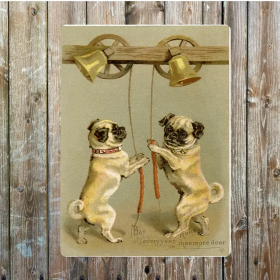 Pug with bells dog Metal Sign Plaque Will Not Rust 8 Inch X 6 Inch