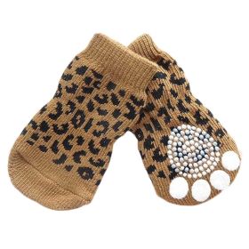 4 Pcs Cute Puppy Cat Socks Knitted Pet Socks Dog Paw Protection Poodle Teddy Socks, Brown Leopard Print - Default
