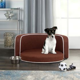 30" Brown Round Pet Sofa, Dog sofa, Dog bed, Cat Bed, Cat Sofa, with Wooden Structure and Linen Goods White Roller Lines on the Edges Curved Appearanc